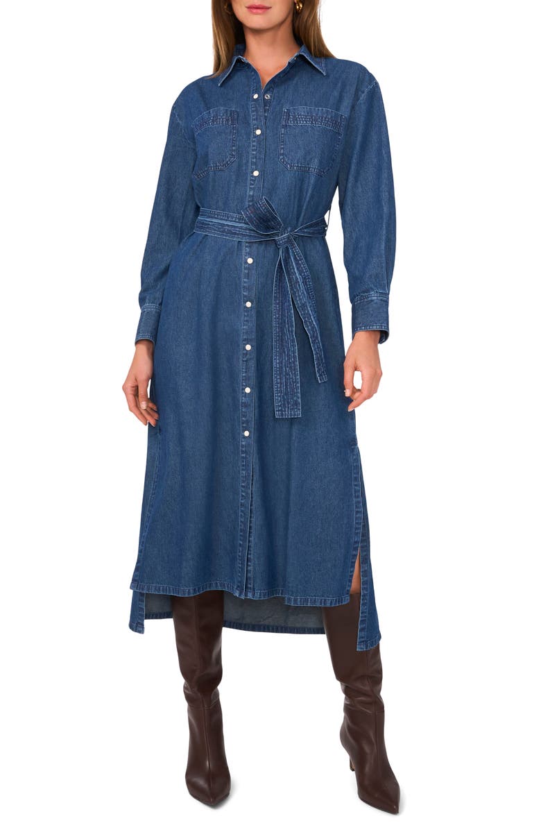 1.STATE Long Sleeve Midi Denim Shirtdress, Main, color, Navy Yard
