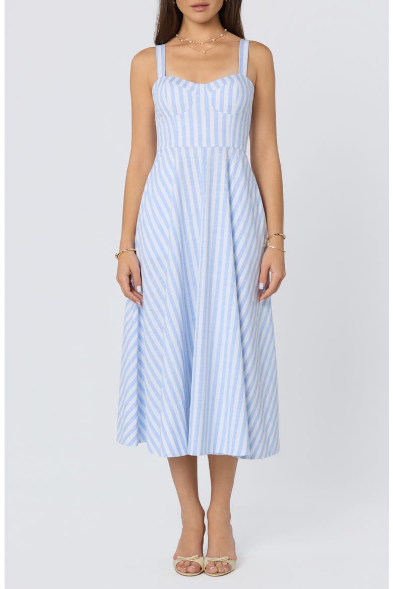 Isabela Stripe Sweetheart Neck Midi Dress, Main, color, BLUE STRIPE