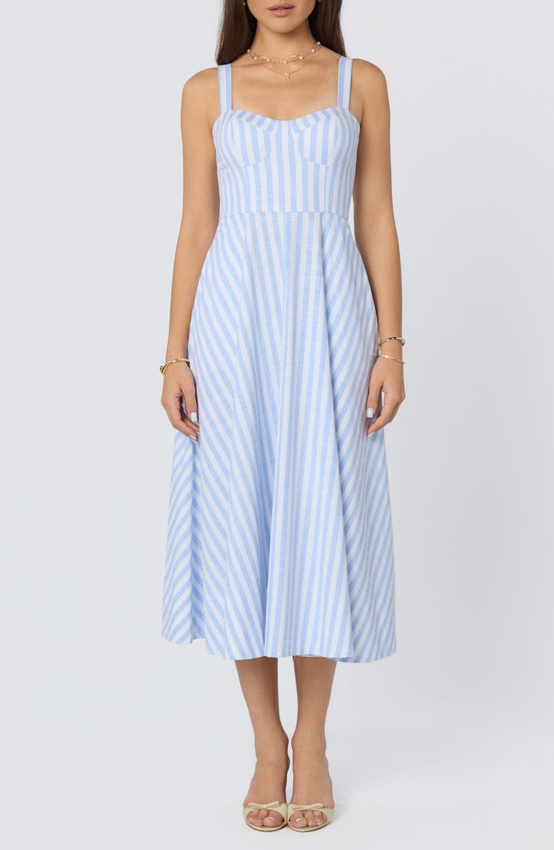 ASTR the Label Isabela Stripe Sweetheart Neck Midi Dress, Main, color, Blue Stripe