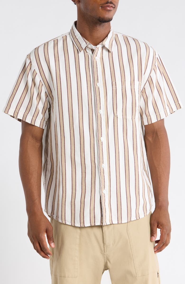 Vans Lawson Stripe Short Sleeve Cotton & Linen Button-Up Shirt, Alternate, color, White-Potting Soil