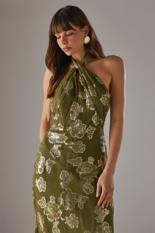 Warehouse Metallic Chiffon Wrap Front Midi Dress In Green