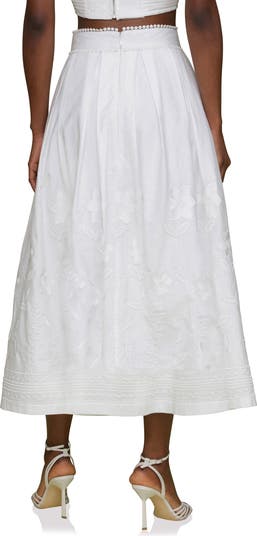 Floral Embroidered Pleated Cotton Midi Skirt