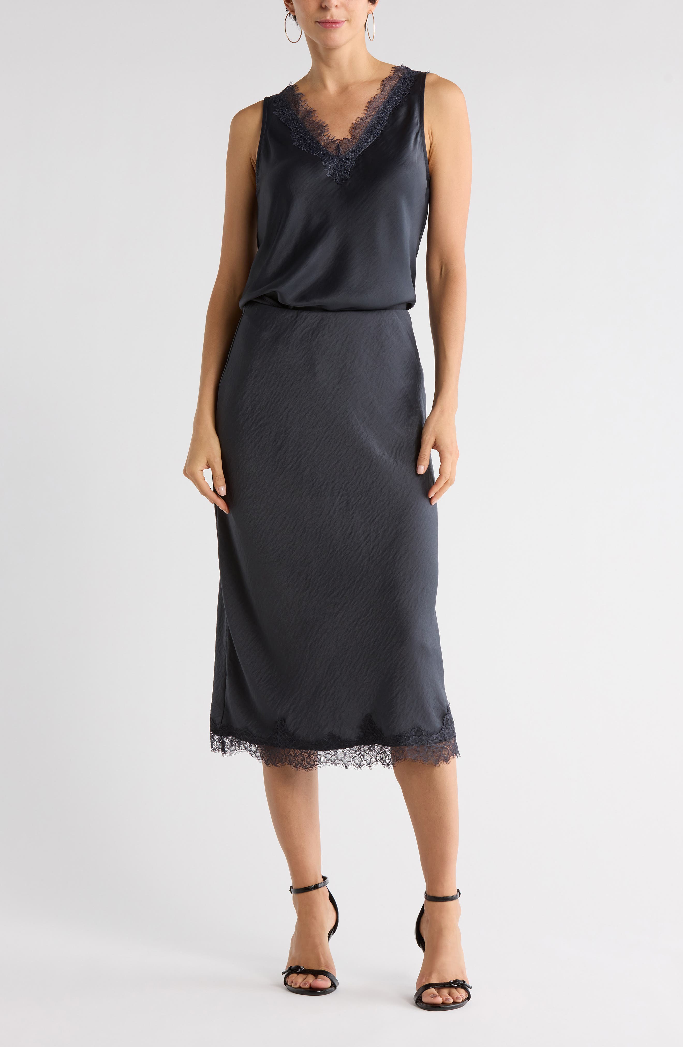 NORDSTROM RACK Lace Trim Satin Midi Skirt
