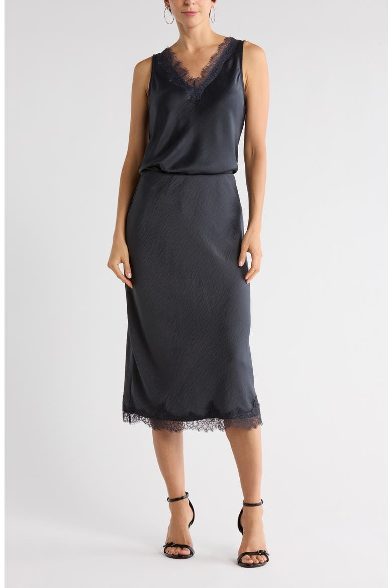 Lace Trim Satin Midi Skirt, Main, color, GREY EBONY
