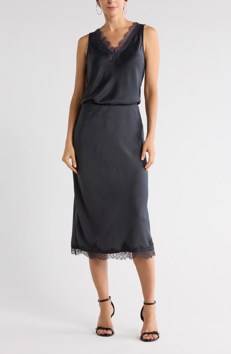 NORDSTROM RACK Lace Trim Satin Midi Skirt, Main, color, Grey Ebony