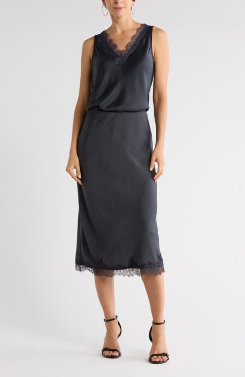 Lace Trim Satin Midi Skirt
