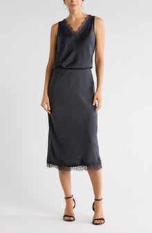 NORDSTROM RACK Lace Trim Satin Midi Skirt