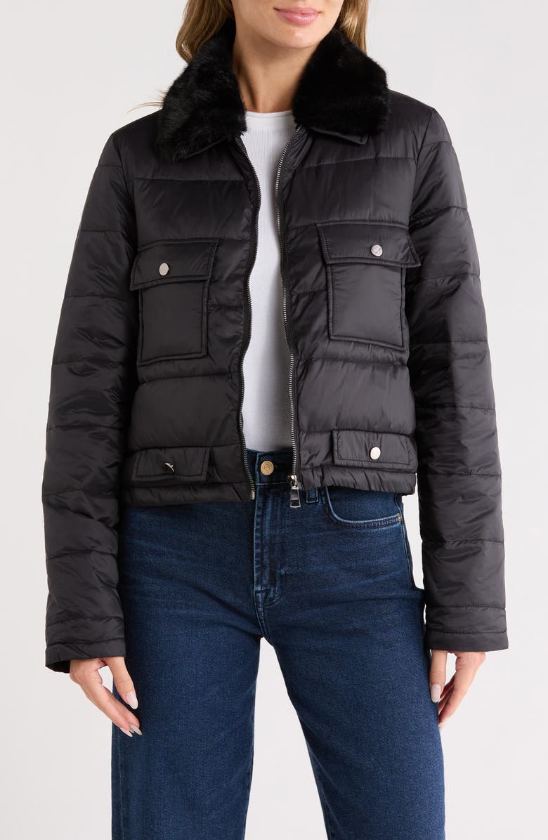 La Fiorentina Faux Fur Collared Puffer Jacket, Alternate, color, Black