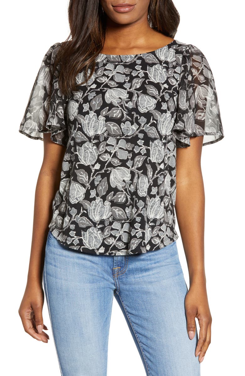 Lucky Brand Flutter Sleeve Mixed Media Top, Main, color, 
