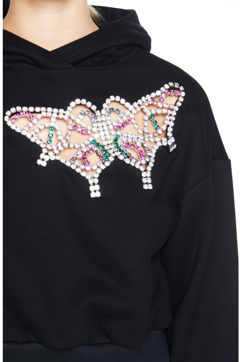 Crystal Cutout Butterfly Crop Hoodie, Alternate, color, BLACK/ MULTI