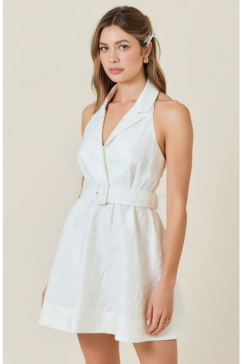 Halter Blazer Mini Dress with Belted Waist and Tailored Fit, Alternate, color, White