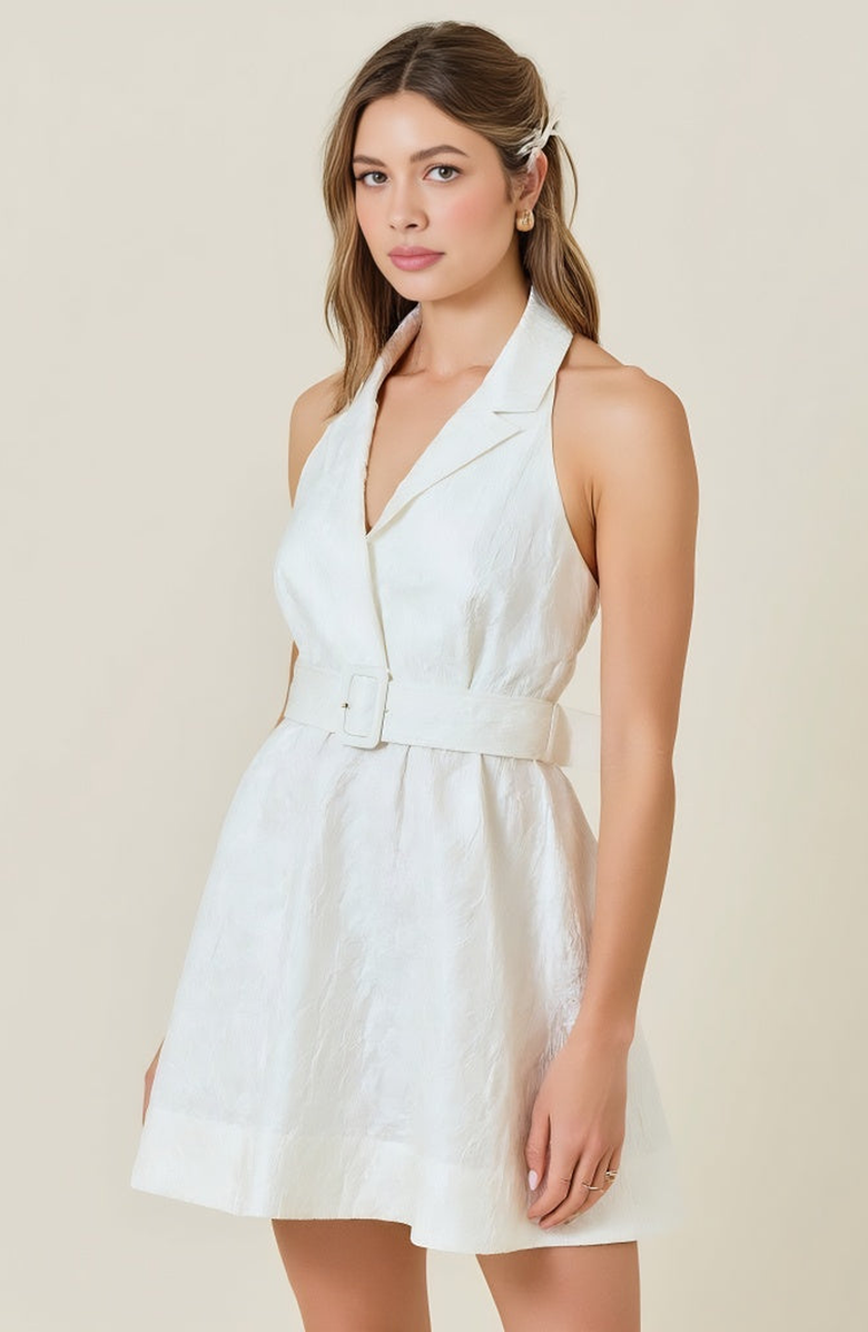 Modenaire Halter Blazer Mini Dress with Belted Waist and Tailored Fit, Alternate, color, White