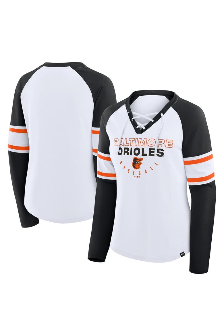 Women's Fanatics White/Black Baltimore Orioles Blitz Package Raglan Lace-Up V-Neck Long Sleeve T-Shirt, Main, color, White