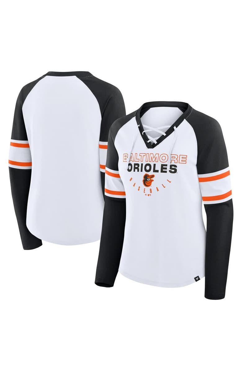 FANATICS Women's Fanatics White/Black Baltimore Orioles Blitz Package Raglan Lace-Up V-Neck Long Sleeve T-Shirt, Main, color, White