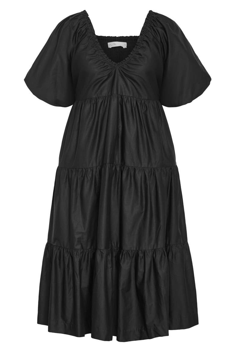 Fantasy Tiered Puff Sleeve Midi Dress, Alternate, color, BLACK