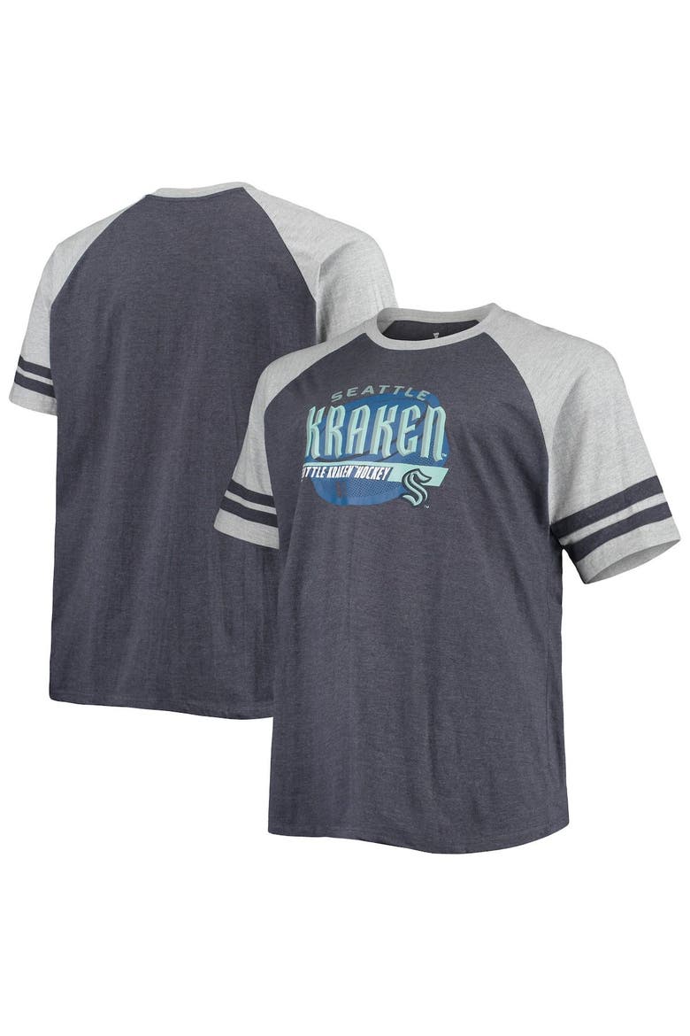 Men's Heathered Deep Sea Blue Seattle Kraken Big & Tall Raglan T-Shirt, Main, color, Heather Navy