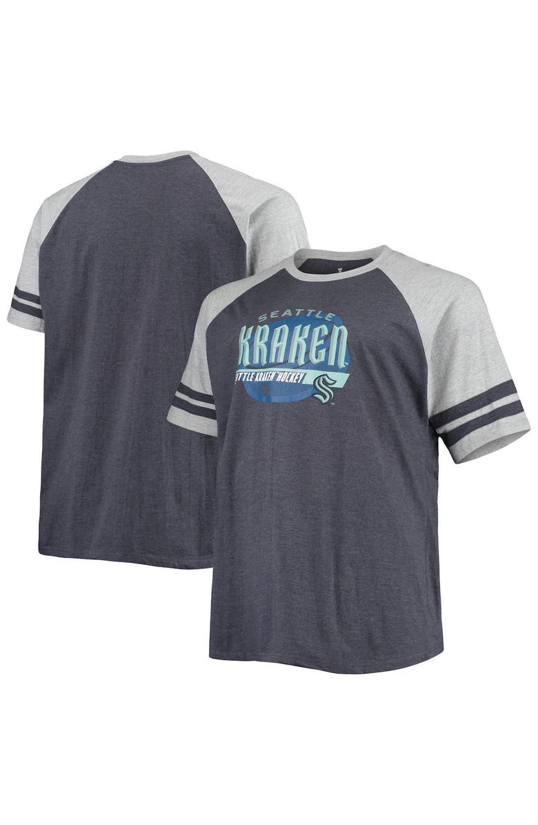 PROFILE Men's Heathered Deep Sea Blue Seattle Kraken Big & Tall Raglan T-Shirt, Main, color, Heather Navy