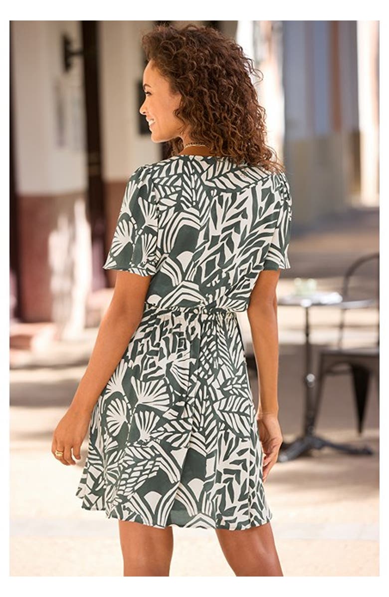 LASCANA Women's Print V-Neck Dress, Alternate, color, Green Ivory