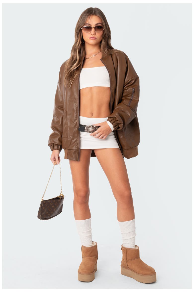 Oversize Faux Leather Bomber, Alternate, color, BROWN