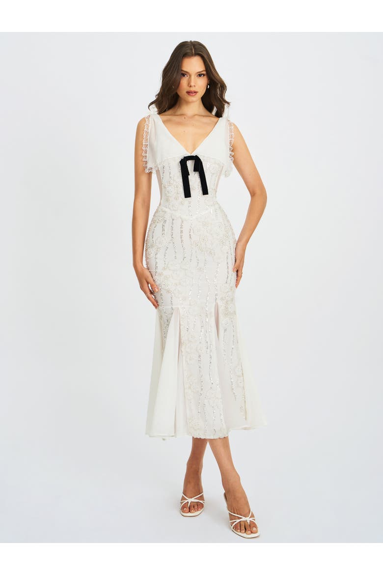 Paola Peter Pan Collar Beaded Sequin Mermaid Midi Dress, Alternate, color, White