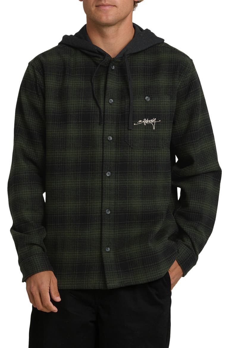 Baja Sur Plaid Hooded Cotton Flannel Button-Up Shirt, Main, color, BLACK