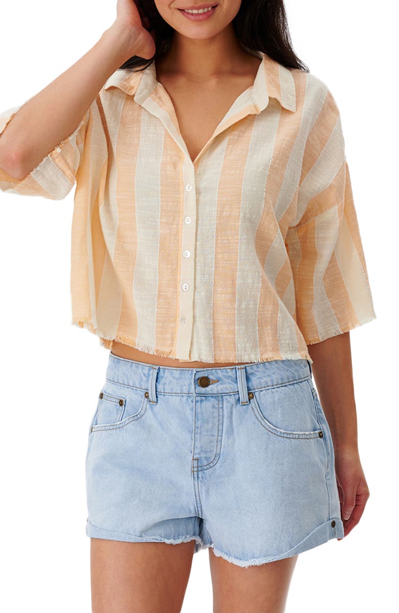 Rip Curl Havana Stripe Cotton & Linen Shirt, Main, color, Orange/ Bone
