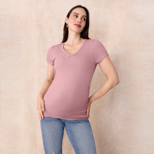 Motherhood Maternity V-neck Side-ruched Maternity Short Sleeve Tee In Pink