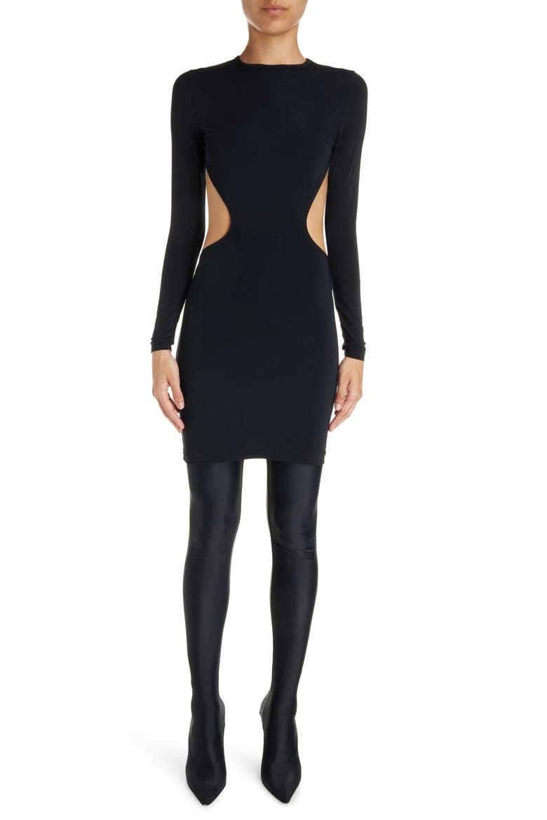 Cutout Long Sleeve Stretch Jersey Minidress, Main, color, BLACK