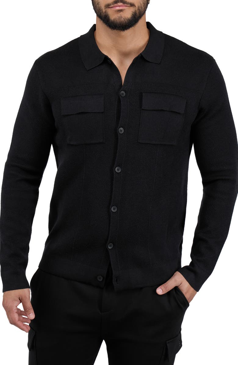 Spring + Mercer Patch Pocket Button-Up Polo Sweater, Main, color, Black
