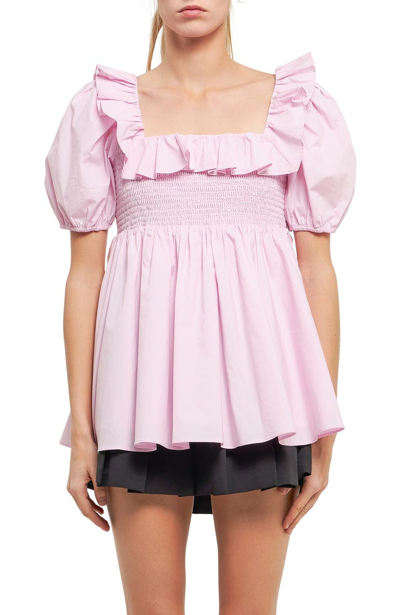 English Factory Smocked Cotton Babydoll Top, Main, color,
