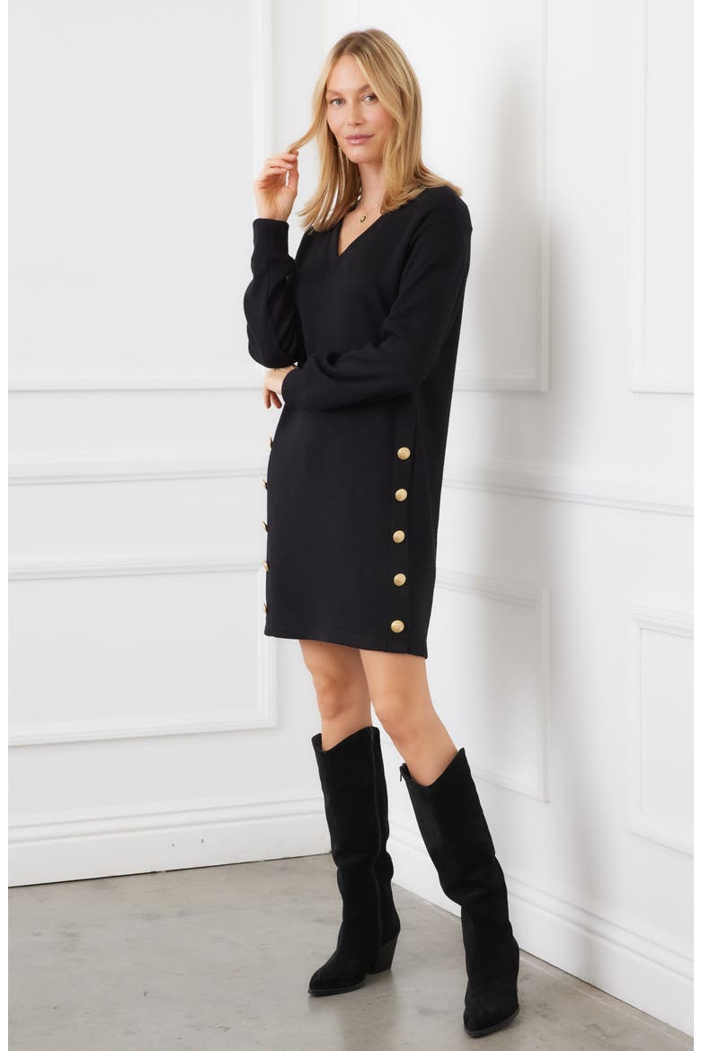 Crested Button Long Sleeve Sweater Dress, Alternate, color, BLACK