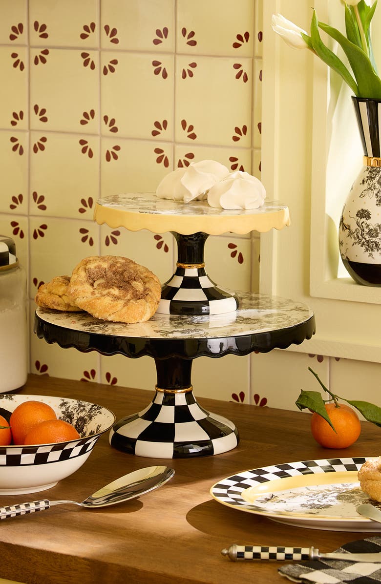 MACKENZIE CHILDS Small Bee Toile Porcelain Pedestal Platter, Alternate, color, White