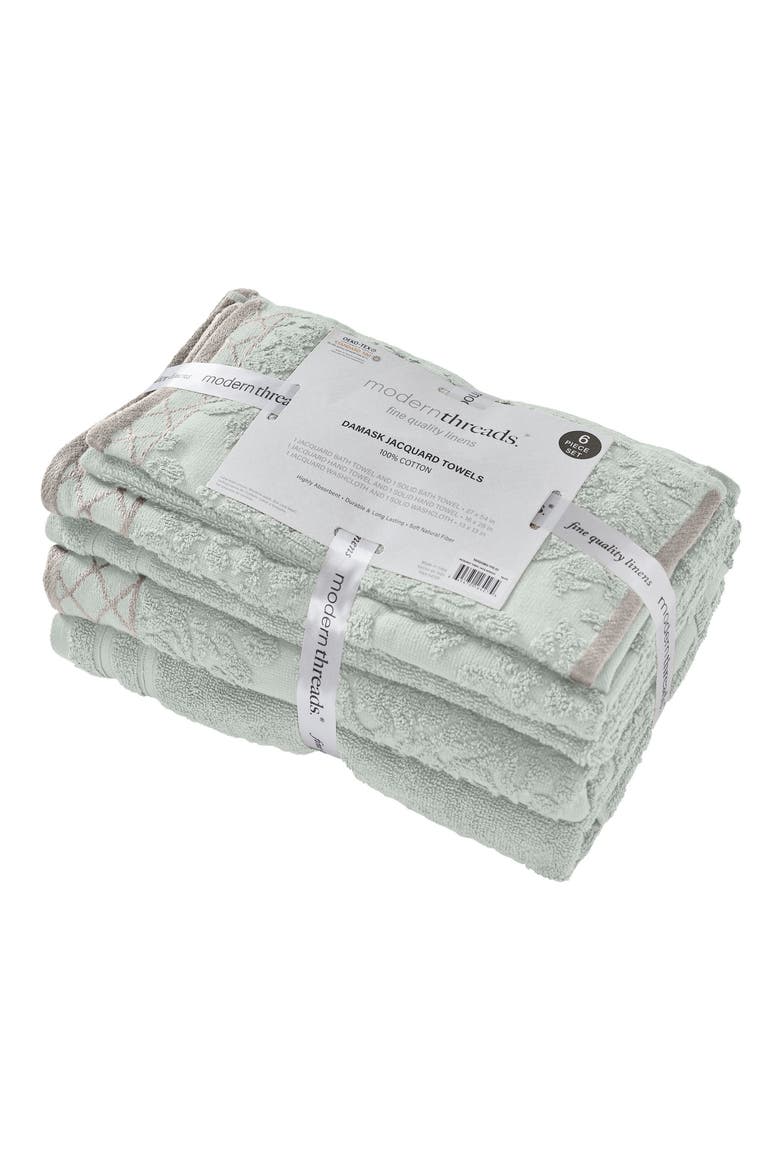 Embellished Border Damask Jacquard Towel 6-Piece Set - Grey, Alternate, color, LIGHT BLUE
