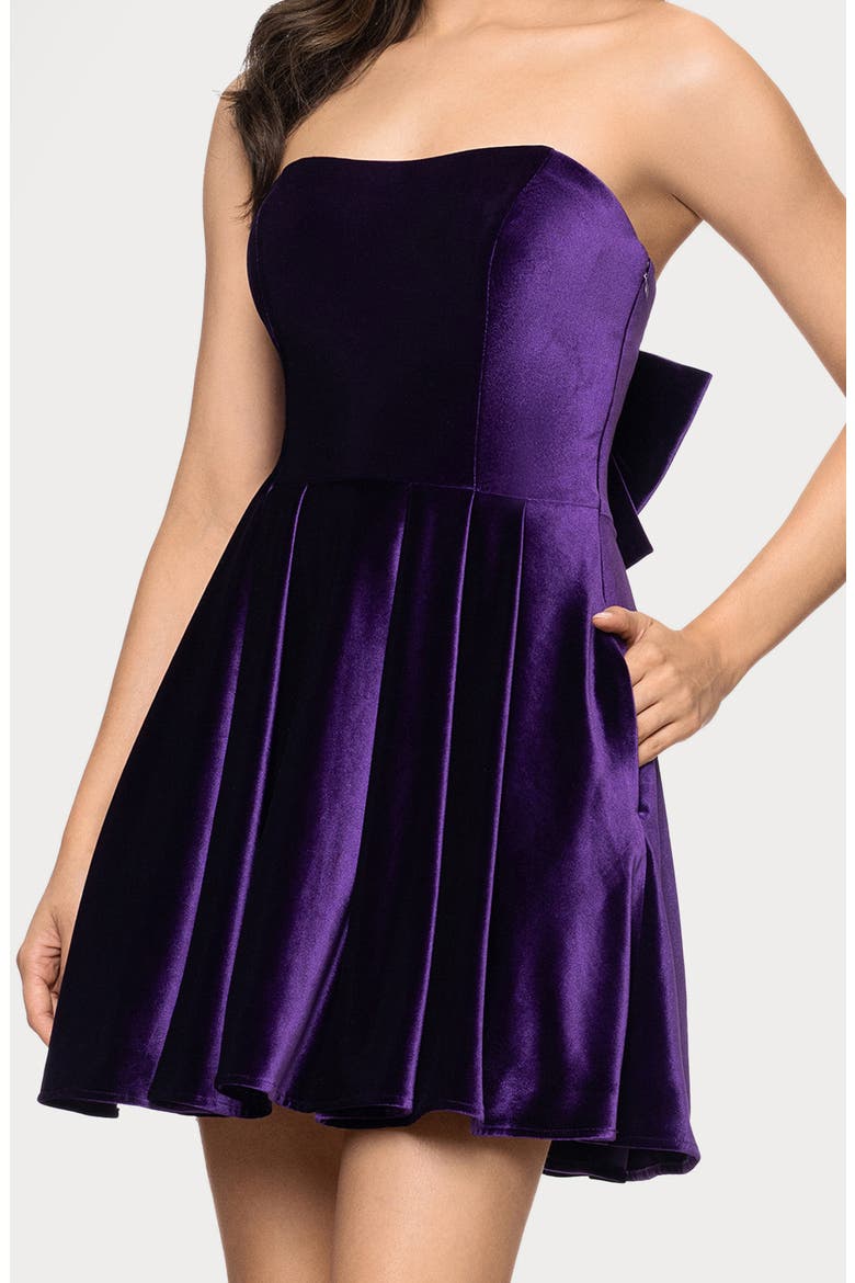 Bow Back Strapless Velvet Cocktail Minidress, Alternate, color, PURPLE