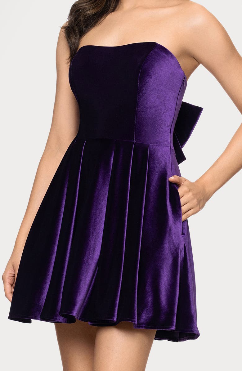 Blondie Nites Bow Back Strapless Velvet Cocktail Minidress, Alternate, color, Purple