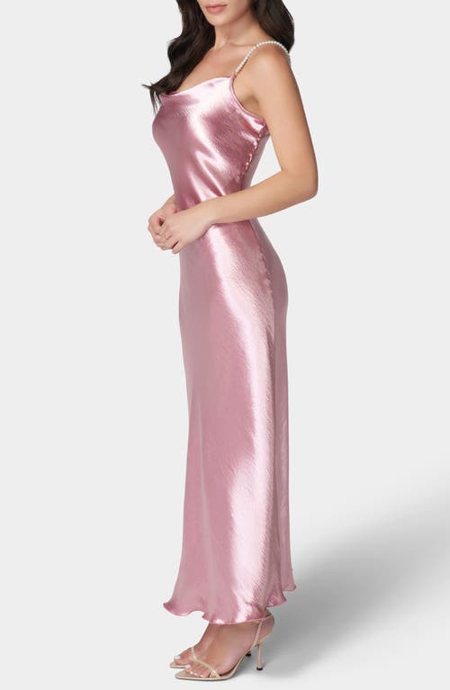 Bebe Hammered Satin Cowl Neck Pearl Strap Maxi Dress In Pink