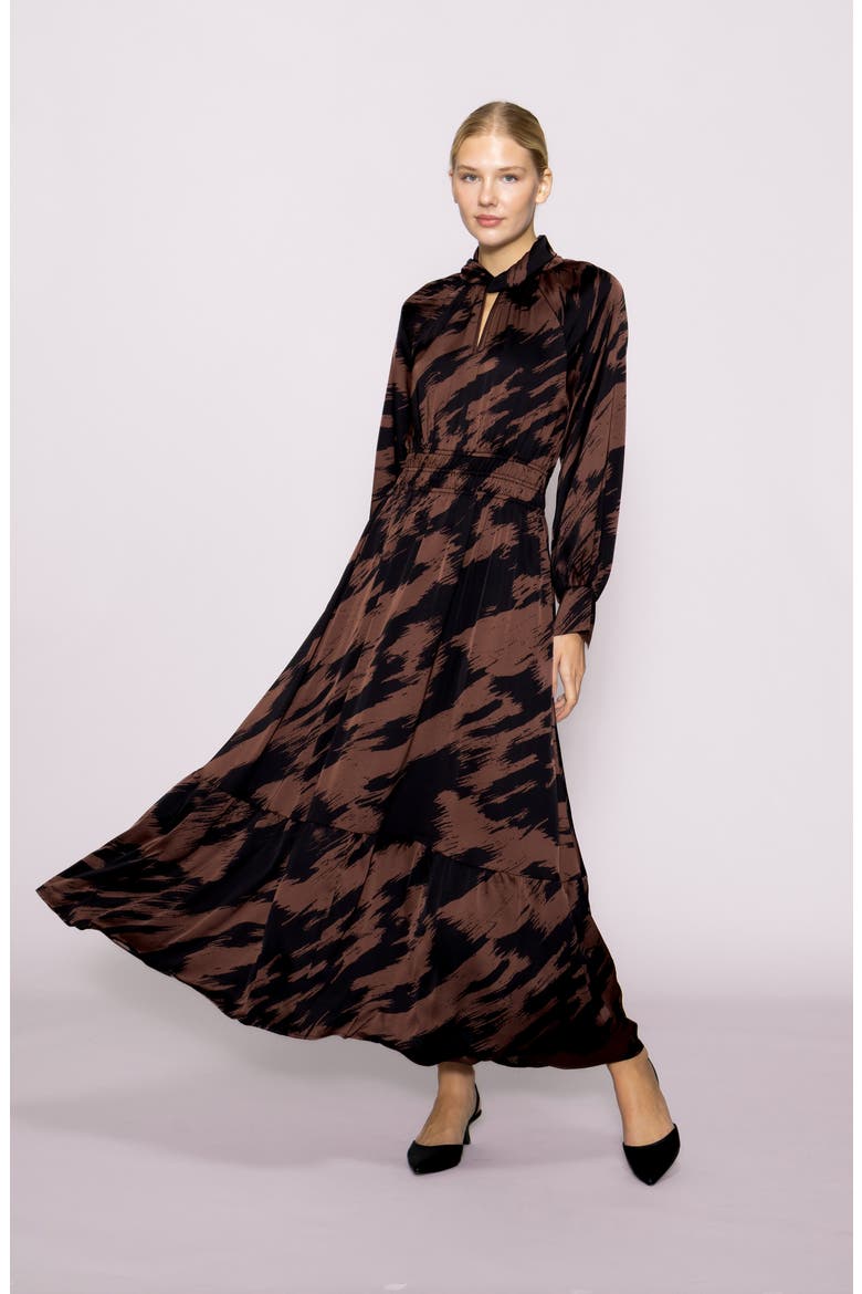 Brushstroke Print Long Sleeve Maxi Dress, Alternate, color, BROWN/ BLACK
