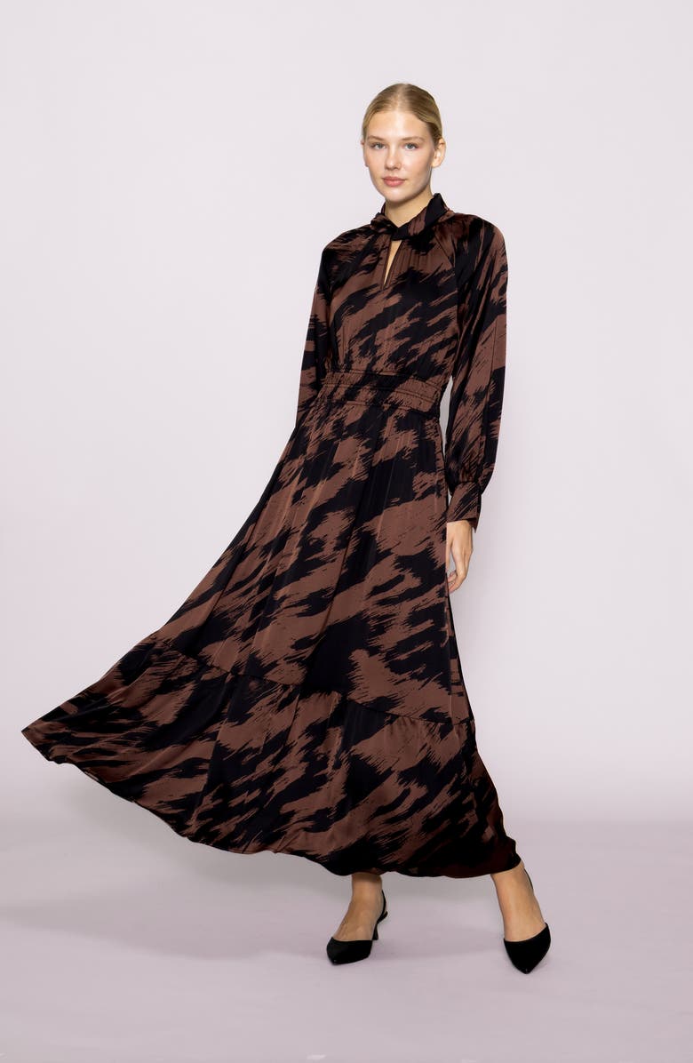 MELLODAY Brushstroke Print Long Sleeve Maxi Dress, Alternate, color, Brown/ Black