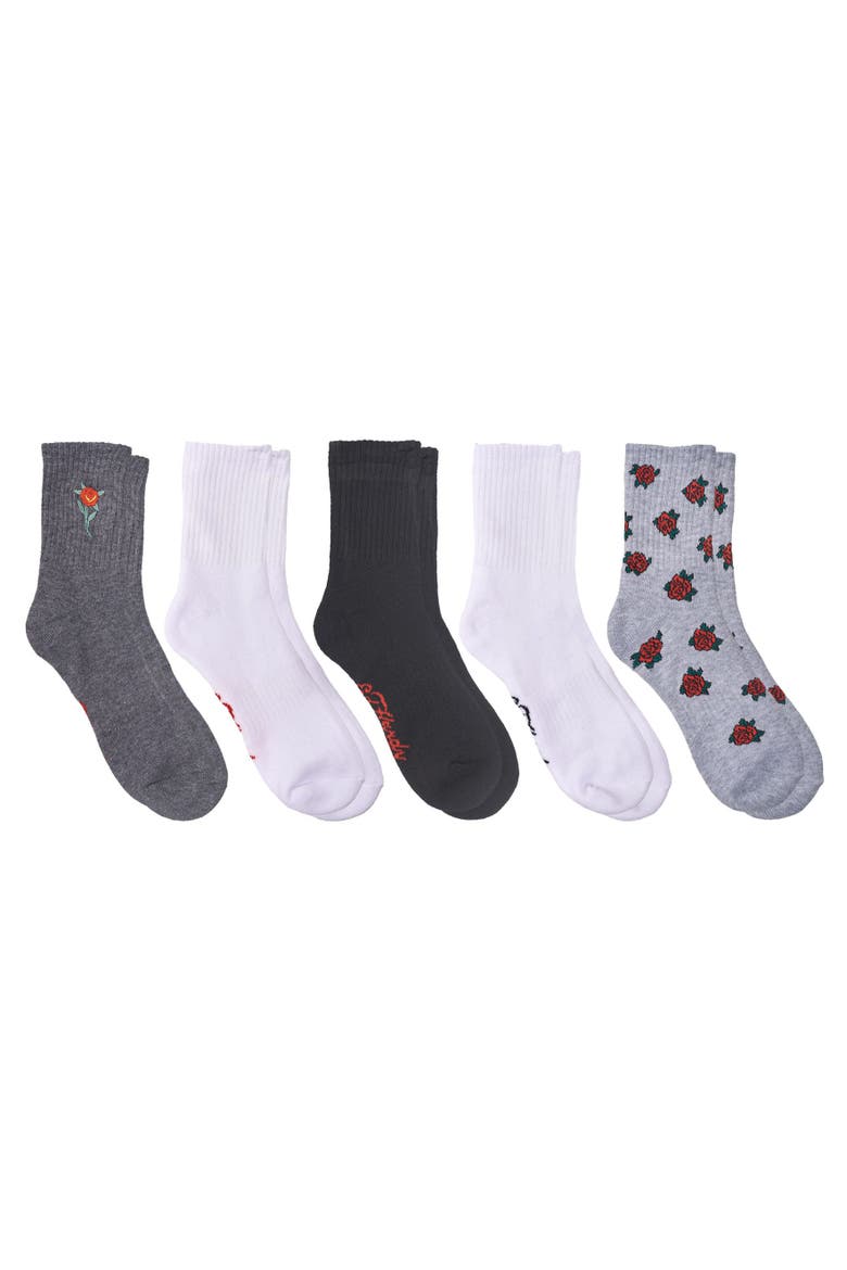 Rose Print Full Cushion Mid Crew Sock 5 Pack, Alternate, color, Charcoal Black