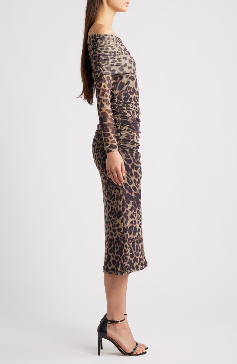 ICHI Ihparda Leopard Print Off the Shoulder Midi Dress, Alternate, color, Leopard