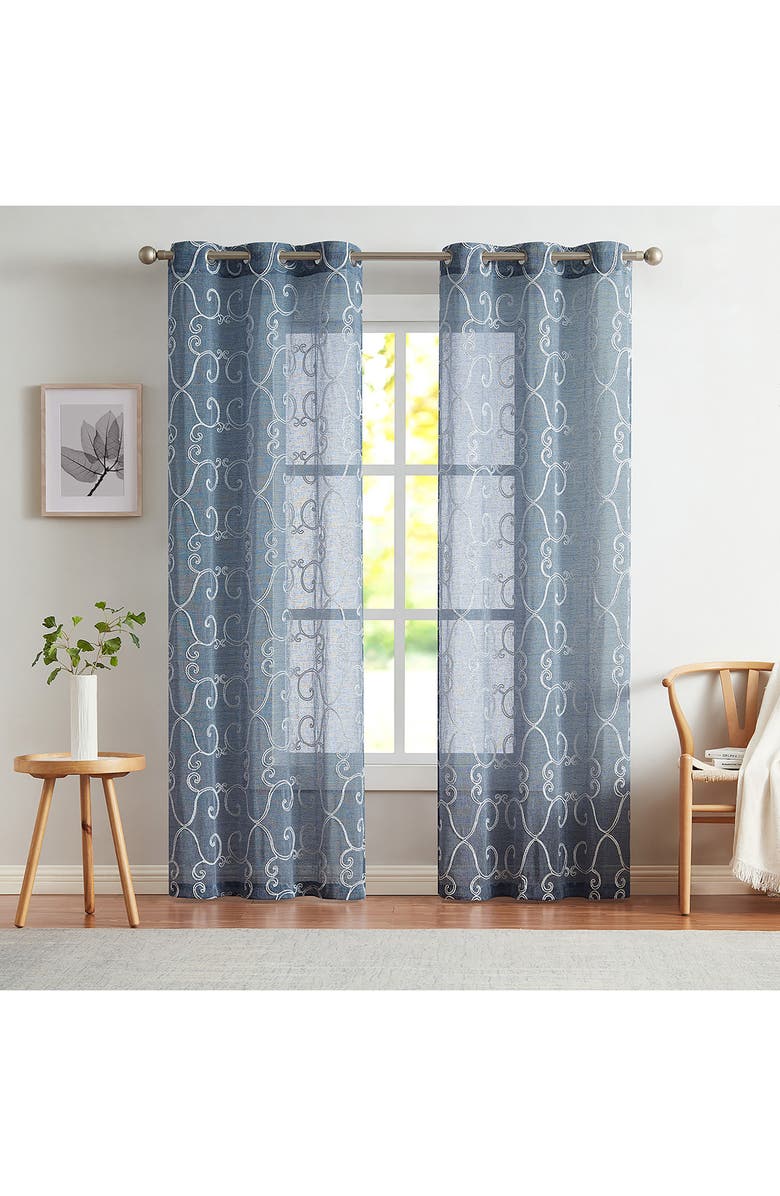 DAINTY HOME Set of 2 Embroidered Sheer Curtain Panels, Main, color, Blue