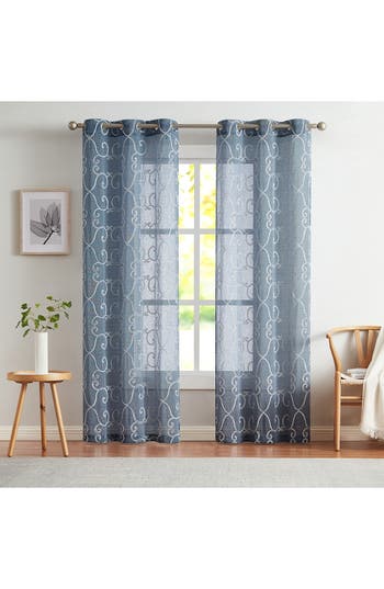 Dainty Home Set Of 2 Embroidered Sheer Curtain Panels In Blue