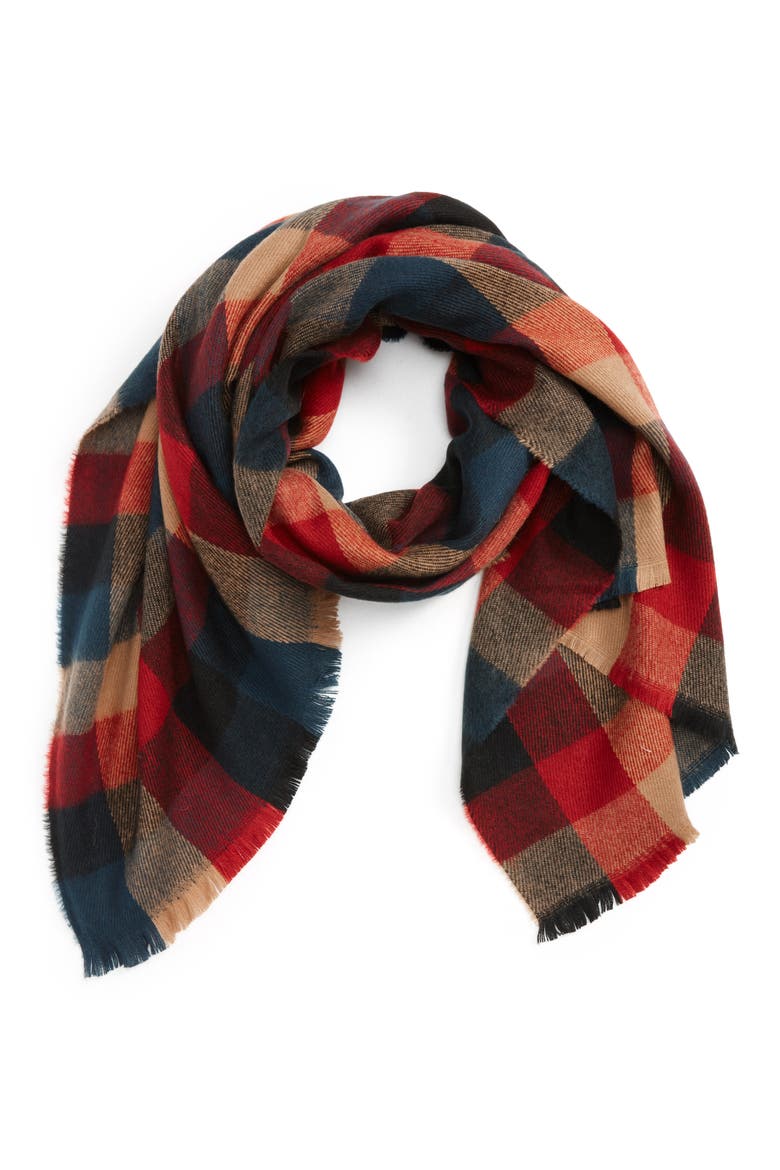Checkered Oblong Scarf, Main, color, RED MULTI