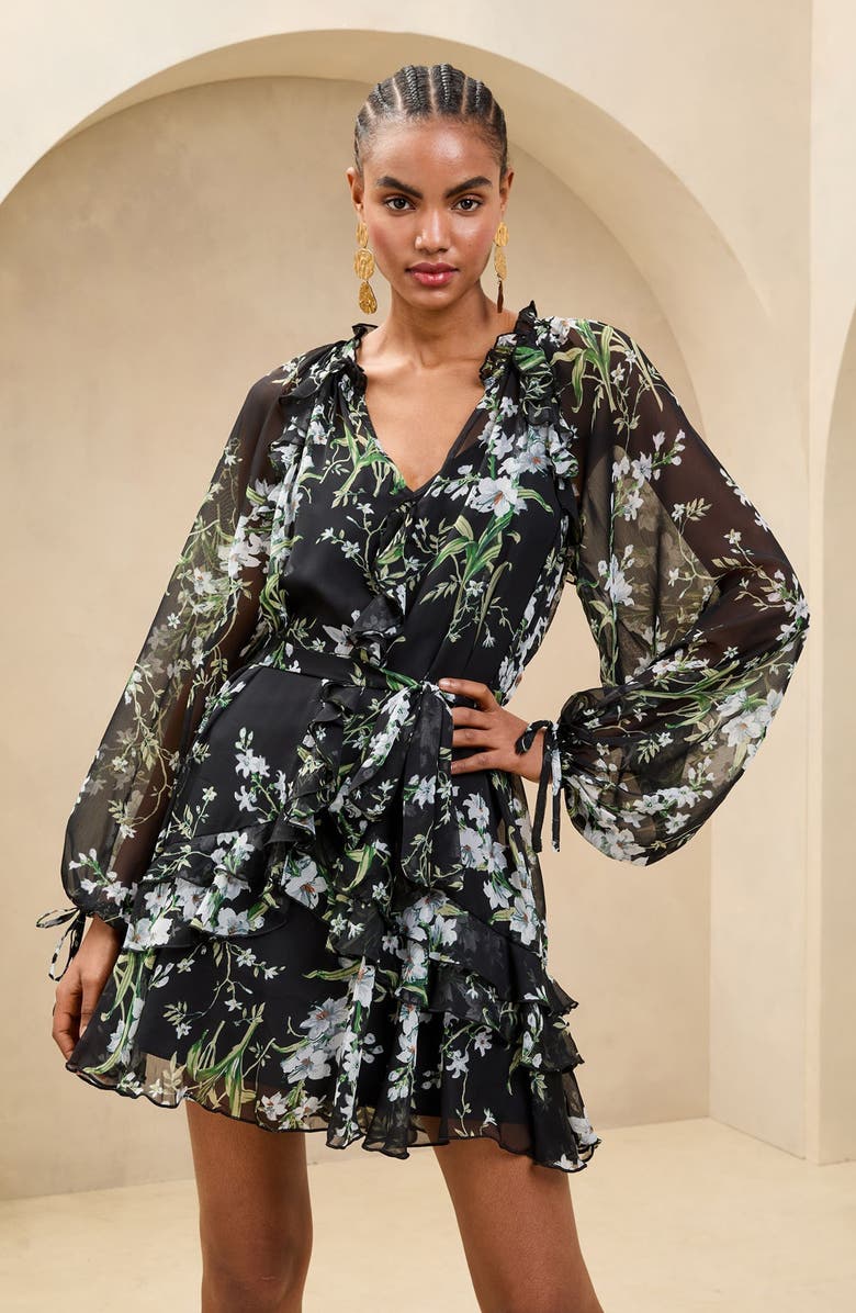 Lipsy Floral Print Long Sleeve Chiffon Dress, Alternate, color, Black