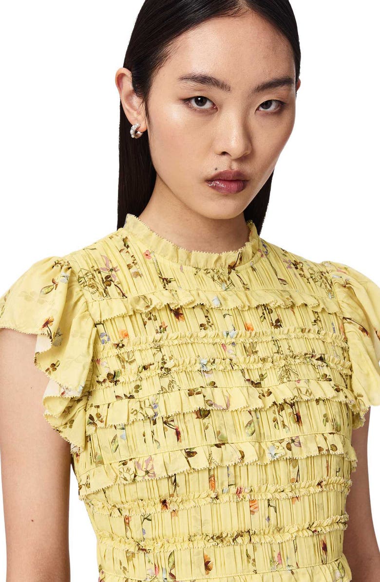 AllSaints Lauren Floral Smock Bodice Minidress, Alternate, color, Carmel Pale Yellow