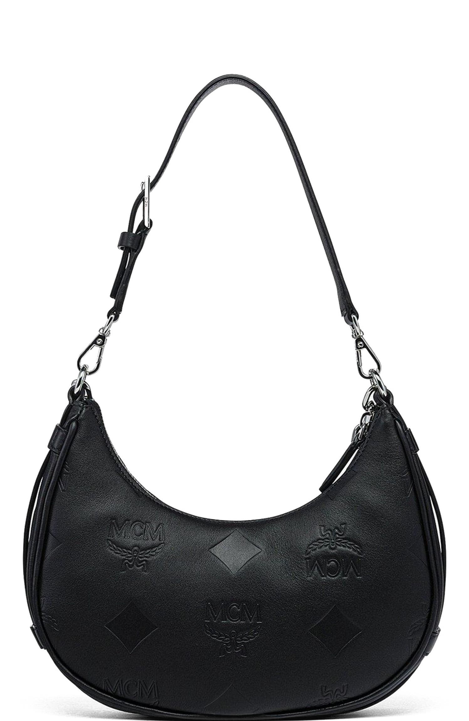 MCM Aren Crescent Hobo Bag in Maxi Monogram Leather, Alternate, color, Black