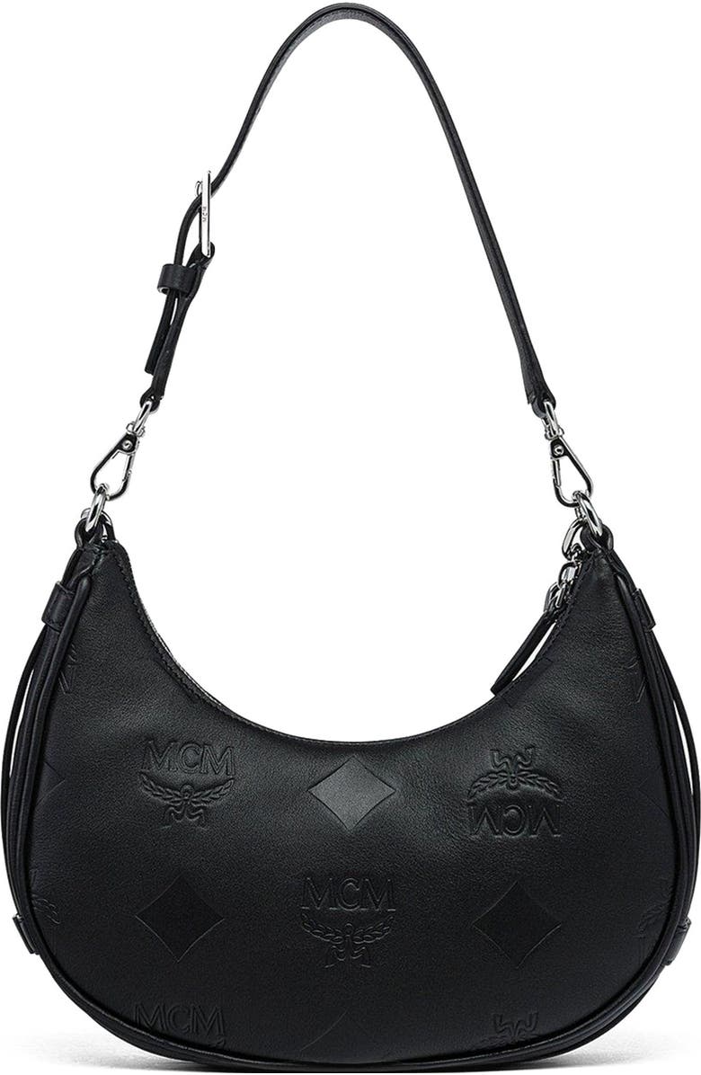 MCM Aren Crescent Hobo Bag in Maxi Monogram Leather, Alternate, color, Black