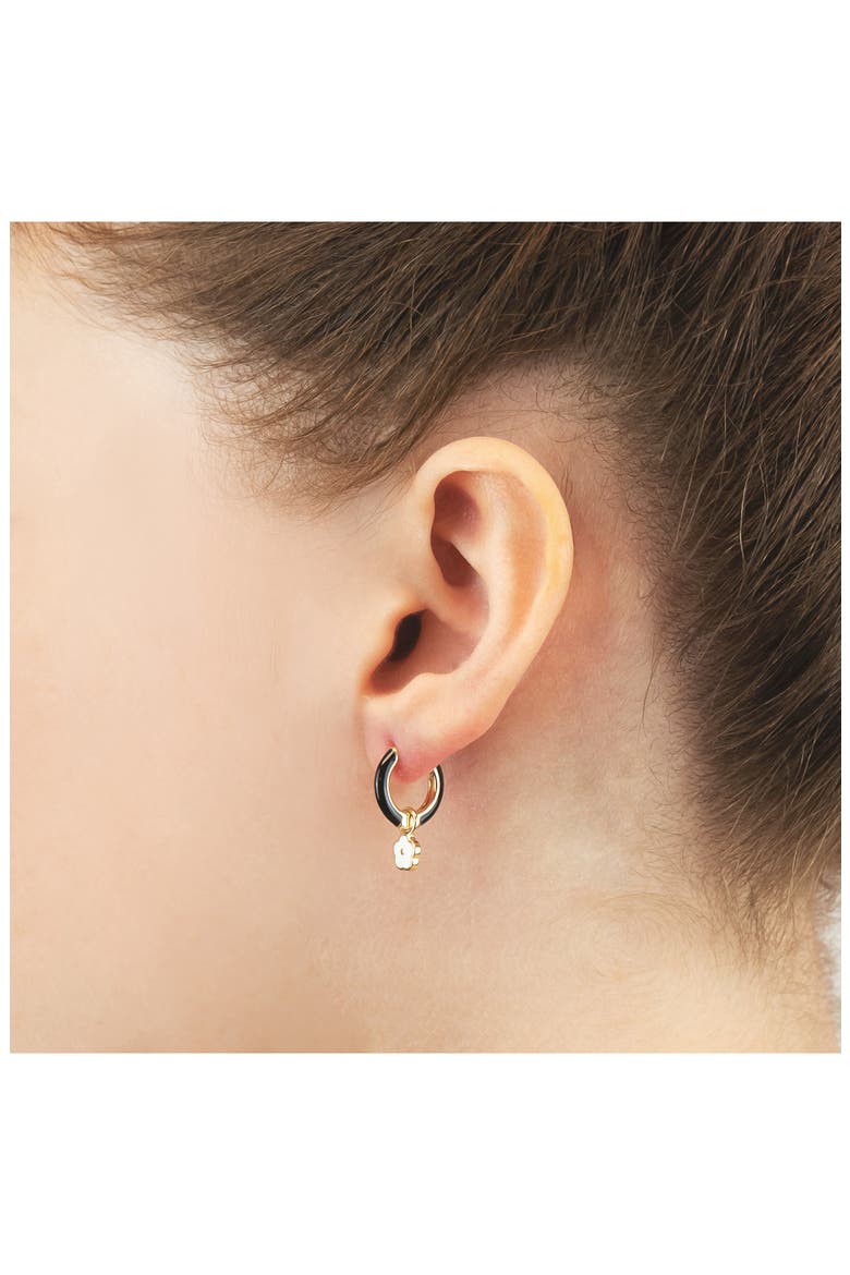 Flower Charm Enamel Huggie Hoop Earrings, Alternate, color, BLACK