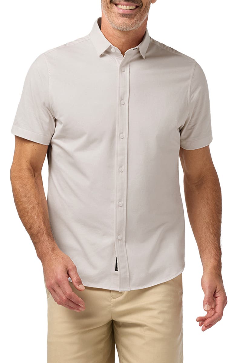 Mizzen+Main Newport Solid Tan Short Sleeve Knit Cotton Blend Button-Up Shirt, Main, color, Oat