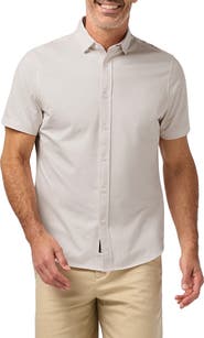 Mizzen+Main Newport Solid Tan Short Sleeve Knit Cotton Blend Button-Up Shirt